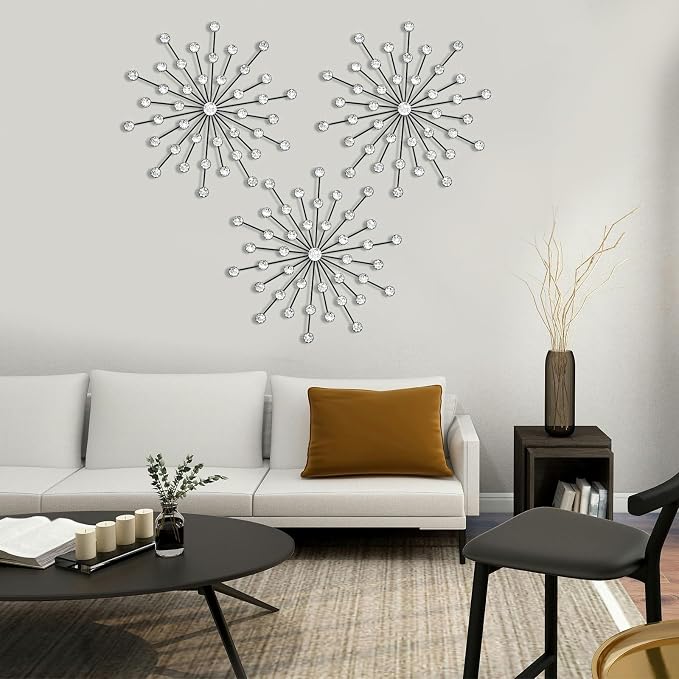 ZEXUIRU 3 Set Black Starburst Wall Art for Home Decor Metal Bling Crystal Rhinestones Sunburst Wall Decor Sparkling Rhinestone Art Accent Black - 18in
