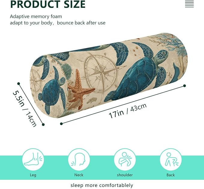 Sea Turtle Corals Starfish Neck Roll Pillow Bolster Round Health Memory Foam Long Cervical Cylinder Pillows with Removable Washable Cover for Body Bed Legs Back Yoga