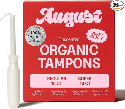 August Regular and Super Tampons - Easy-Glide Long Applicators - 36-Pack (18 + 18) 100% Organic Cotton Tampons for Women, Non-Toxic, Fragrance-Free, and Hypoallergenic