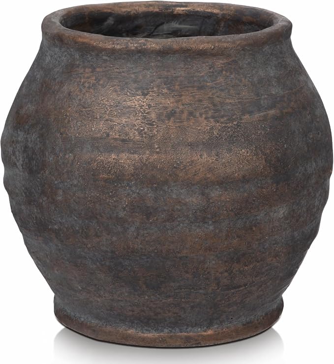 Briful Rustic Vintage Ceramic Pottery Vase, 6.1'' Farmhouse Table Decor with Distressed Texture, Wide Mouth Decorative Jar Vases for Home Decor, Shelf & Entryway, Brown