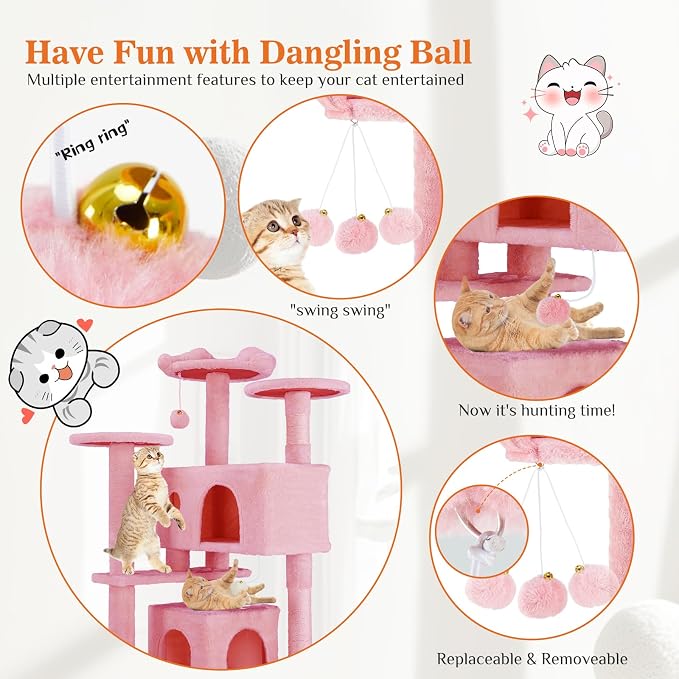 Sweetcrispy 54-inch Cat Tree Tower with Scratching Posts, Indoor Use | Multi-Level Indoor Cat Tree Condo with Climbing Ladder, Plush Toy, Play House for Kitten, Pink