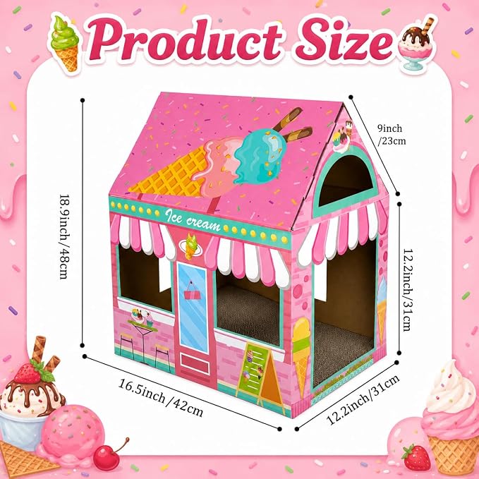 Cinrobiye Cardboard Cat House with Scratcher, Indoor Cat Condo Cat Cave Hideout with Scratch Pad, Cardboard Cat Playhouse Bed for Cats, Kittens, Rabbits & Small Pets (Ice Cream)