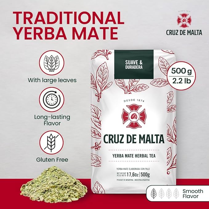 Cruz de Malta Yerba Mate Tea – 500gr (1.1 lbs) Loose Leaf – Traditional Argentine Herbal Tea – Smooth Flavor, Naturally Sourced – USA Specific Packaging – Gluten-Free – Large Leaf Low Dust Yerba Mate