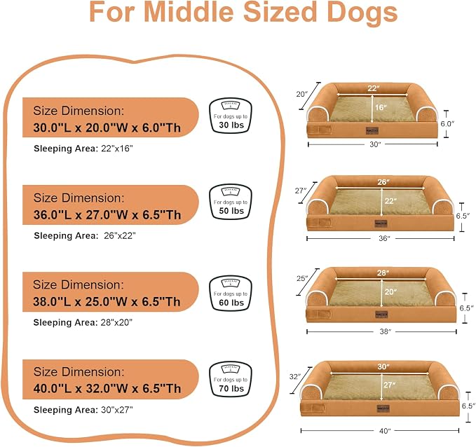 Orthopedic Dog Bed for Large Dogs, 36 x 27 Inch, Orange | Egg crate foam for joint support, 3-sided bolster pet sofa, waterproof lining, washable cover, and non-skid base