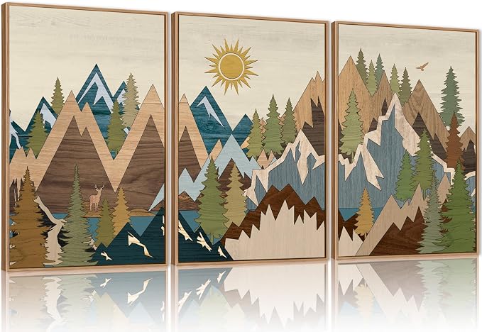 FWIEXA Large Mountain Woodcut Style Canvas Wall Art Set of 3, Sunrise Pine Tree Wall Decor, Forest Animal Painting, Nature Wilderness Lake Landscape, 16x24In Rustic Artwork for Living Room, Bedroom, Bathroom