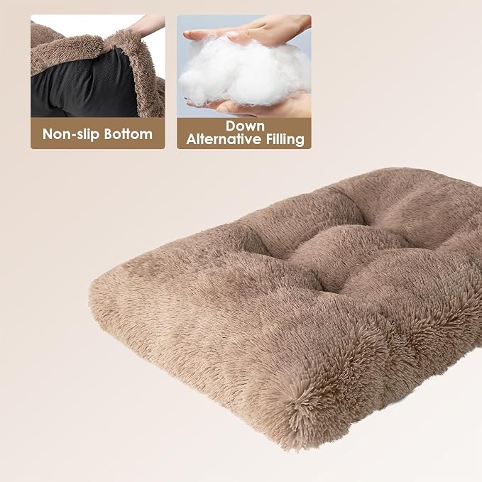 EHEYCIGA Fluffy Dog Crate Bed, Plush XX Large Dog Pillow, Camel | Xlarge Calming Anti Anxiety Plush Faux Fur Mat for Large size dogs, Washable Soft Warm Dog Pad with Non-Slip Bottom