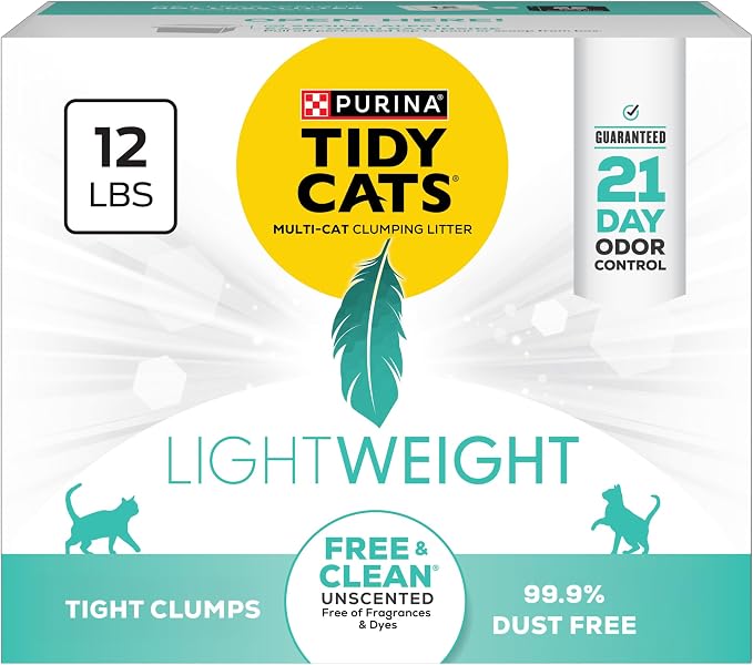Purina Tidy Cats Lightweight Free and Clean Unscented Multi-Cat Clumping Cat Litter, Odor Control, Low Dust, 12 lb. Box