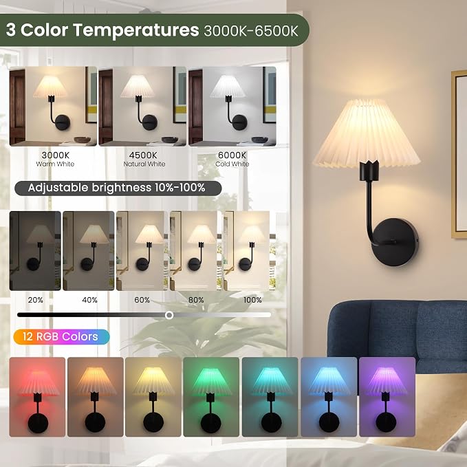 Rechargeable Battery Operated Wall Sconces Sets of 2, 15 Colors Wireless Wall Sconce, Black Wall Lights Fixture with Dimmable Bulbs and Remote, Not Hardwired Wall Mounted Lamps for Bedroom Living Room
