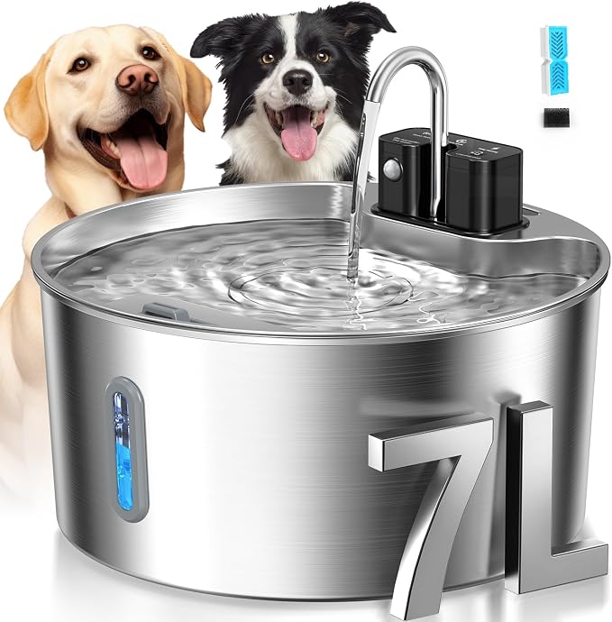 Voluas 7L Wireless Dog Water Fountain with 1 Filter, Stainless Steel | 236oz capacity, 4-layer filtration, ultra-quiet pump, water level window, easy clean for large dogs