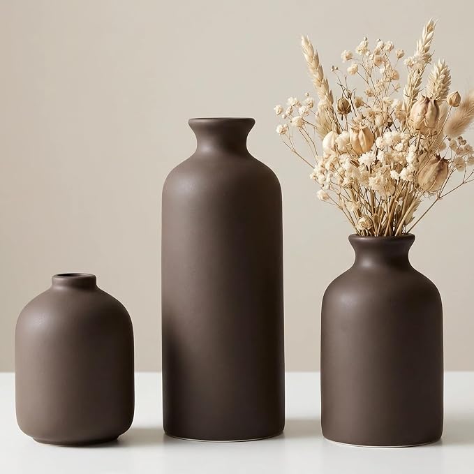 Small Ceramic Vase Set of 3,Modern Boho Farmhouse Flowers Vases | Decorative Vase for Dried Flowers,Pampas Grass,Home Decor,Shelf,Bathroom,Centerpiece for Entryway Table Distressed