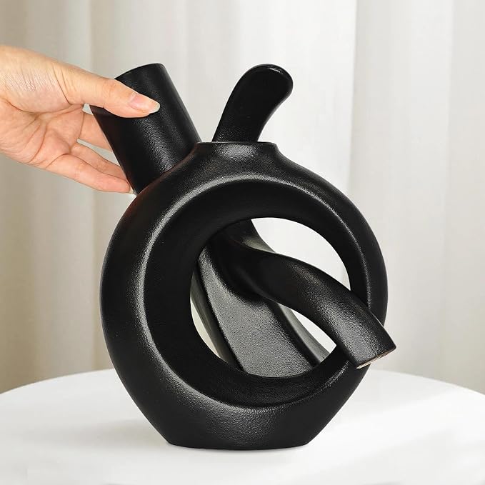 Assemble OK Ceramic Vase Set of 2 for Home Decor, Modern Boho Ins Style Matte Vase for Pampas Grass for Table Centerpiece, Living Room, Shelf, Mantle, Housewarming Gift (Black Vase)