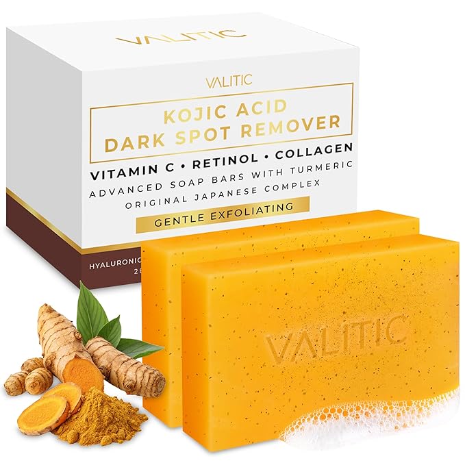 VALITIC Kojic Acid Soap - Turmeric Soap for Dark Spots for Face and Body - Exfoliating Bar for Hyperpigmentation, Skin Tone Corrector with Retinol, Vitamin C, Collagen and Hyaluronic Acid - 2 Pack