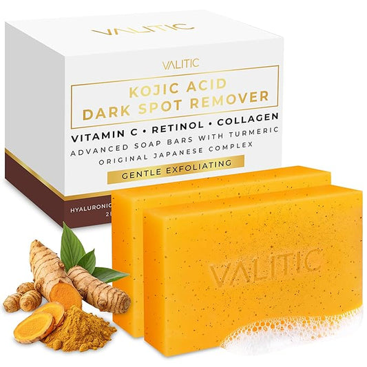 VALITIC Kojic Acid Soap - Turmeric Soap for Dark Spots for Face and Body - Exfoliating Bar for Hyperpigmentation, Skin Tone Corrector with Retinol, Vitamin C, Collagen and Hyaluronic Acid - 2 Pack