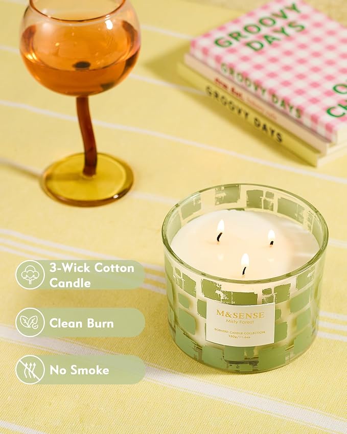 M&SENSE Misty Forest Scented Candle,11.6oz Natural Soy Wax Non Toxic, 3 Wick Jar Candle, Up to 60 Hours Burn time, Home Decor Housewarming Gift for Women and Men