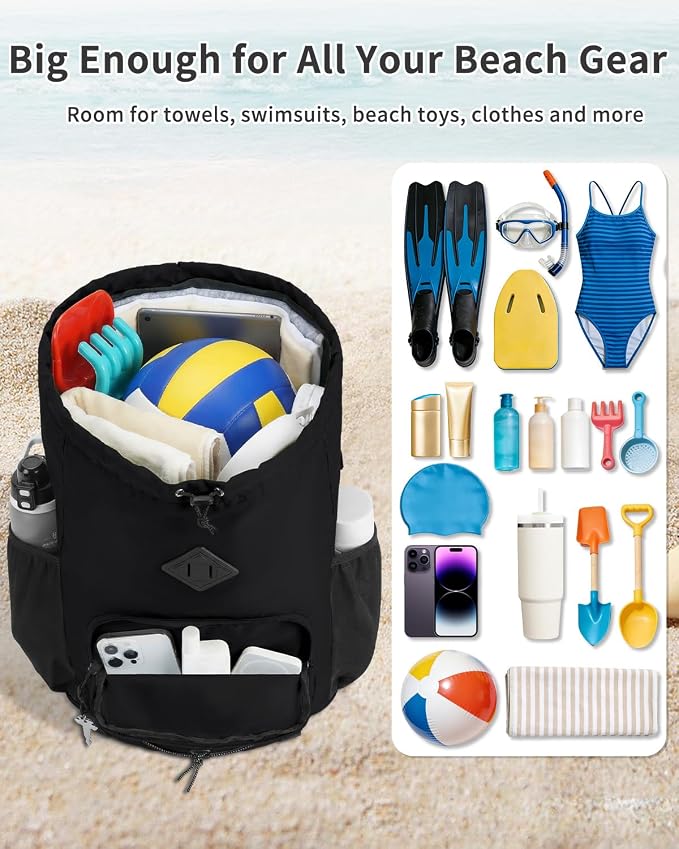 WANDF Drawstring Backpack with Removable Wet Pocket, Sandproof Beach Backpack with Bottom Compression Strap for Beach Mat, Swim Bag for Pool, Gym, Travel and Workout Gear (Black)