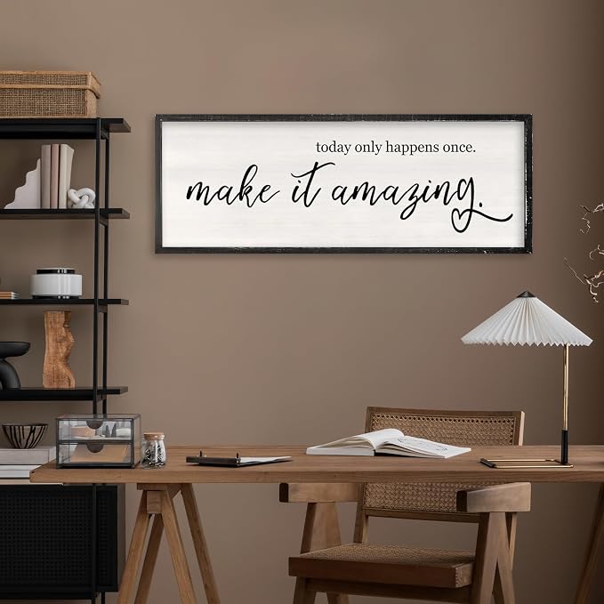 RLWangChao Today Only Happens Once Make It Amazing Wall Art 32"X12" Black | Large Inspirational Quote Sign Rustic Living Room, Vintage Wood Frame, Office Motivational Home Wall Hanging Decor