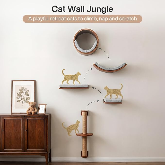 Tribesigns Solid Wood Cat Wall Shelves, 5 in 1 Cat Wall Furniture Set | Wood Cat Climbing Wall with Scratching Post, Bed, Stable and Safe, Wall Mounted Cat Tree, Space-Saving, Easy Assembly, Walnut