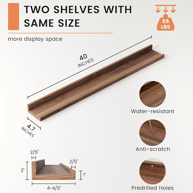 Picture Ledge Shelf, Floating Shelves for Wall, 40" W Set of 2, Walnut | FSC Certified Engineered Wood, Wall Mounted Bookshelf, for Nursery Living Room Bedroom, Pre-Drilled, Easy Install