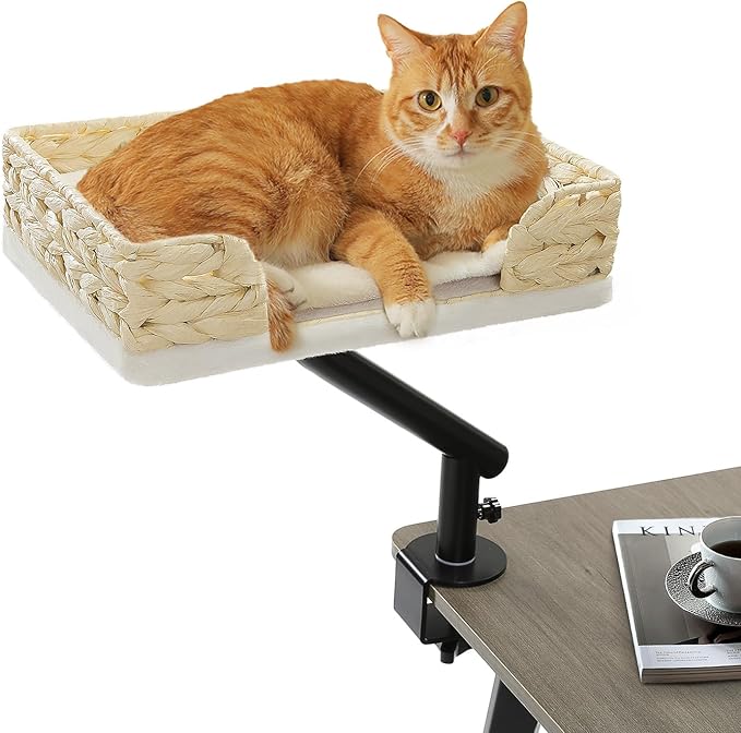 PAWZ Road Cat Desk Bed for Indoor Cats, Wicker Cat Bed for Desk Supports Up to 50 lbs, 360° Rotation & Adjustable Soft Plush Cats Hammock for Desktop, White