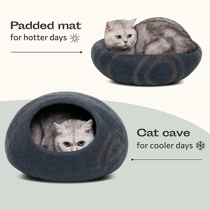 Cat Cave - Merino Wool Bed for Indoor Cats (Slate Gray, Medium) | Cat Bed Enclosure, Premium Felt, Handmade, Super Soft, Lightweight, Breathable, Adjustable Shape
