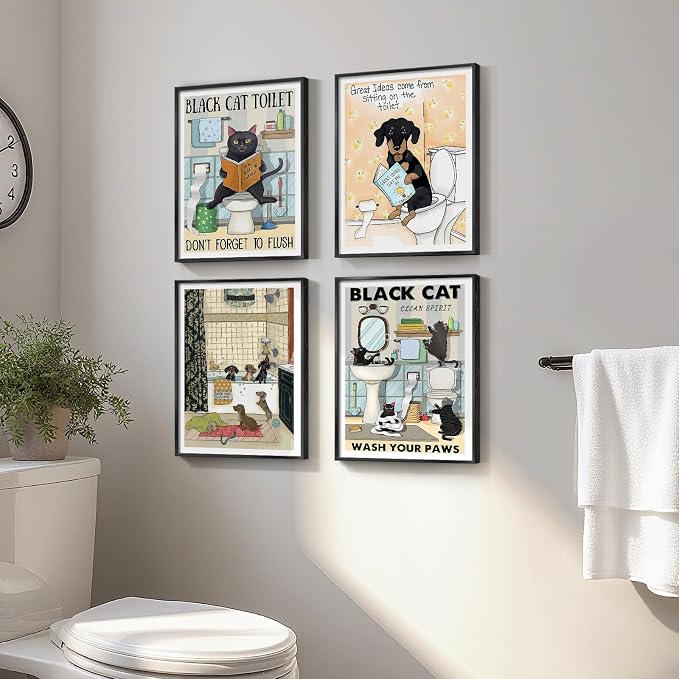 Framed Funny Bathroom Wall Art Decor, 4 Piece Cute Black Cat Dog Canvas Painting Prints, Animal Sitting in Bathtub on Toilet Reading Book Pictures for Kids Bathroom Restroom Wall Decor, 11x14 Inch