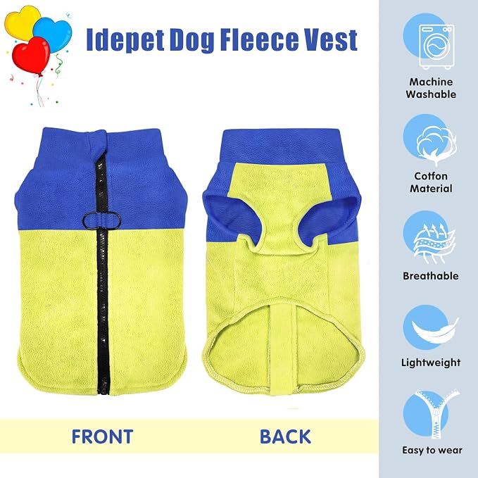 Idepet Dog Fleece Vest Sweater Zip Up Warm Pullover Dogs Jacket with D-Ring Leash Winter Cold Weater Coat Pet Sweatershirt Clothes Hoodie for Small Medium Dogs Boy Girl (Blue/Green, XL)