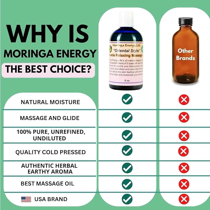 Moringa 'Oriental Style' Muscle Relaxing Massage Oil for Therapy, Date Night, Thai, Swiss, Asian, Sports Therapist for Massaging Sore Muscles, 8 oz Bottle