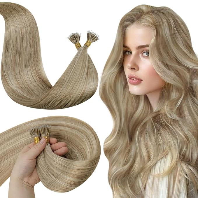 LaaVoo Nano Bead Human Hair Extensions Blonde Nano Ring Extensions Blonde Highlight Nano Hair Extension Human Hair Silky Straight 50g 50s 22 Inch