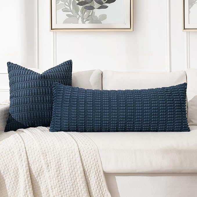 MIULEE Lumbar Corduroy Throw Pillow Cover for Bed 14x36 Blue Pack of 1 | Soft Long Decorative Cushion Cover Boho Farmhouse Accent Pillowcase Sofa Couch Livingroom Coastal Home Decor