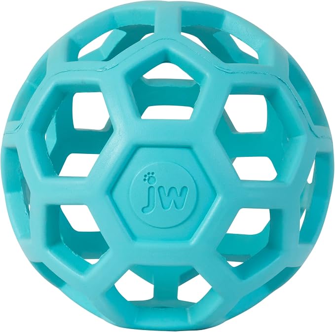 JW Pet HOL-ee Roller Dog Puzzle Ball, Medium 4.5in, Natural Rubber, Blue