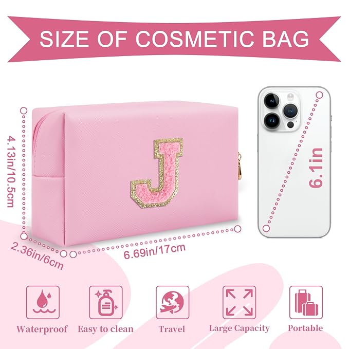 Personalized Initial A-Z Preppy Patch Makeup Bag,Small PU Leather Chenille Letter Cosmetic Bag with Zipper for Teen Girls,Pink Cute Travel Toiletry Bag,Birthday Monogrammed Gift for Daughter,Letter J