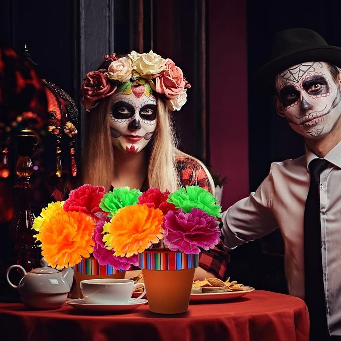 Reallnaive 9 Pcs Mexican Vase Table Decorations Fiesta Centerpieces | 4 Inch Terracotta Clay Pot with Drainage Hole, for Marigold Flower, Day of The Dead Table Decorations, Halloween Party Favor