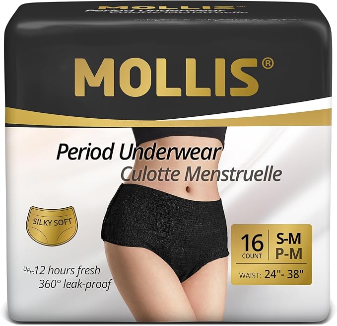 MOLLIS Disposable Period Underwear for Women, Postpartum Panties, Maternity Knickers Heavy Flow Leak Proof, Unscented, Black, Small/Medium, 16 Count