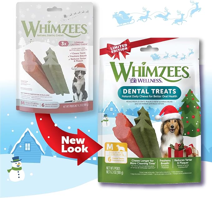 Wellness WHIMZEES Holiday Natural Dog Dental Treat, Christmas Winter Seasonal Gift, Chews, Freshens Breath, Medium Size, 6.3 oz Bag, 6 Count