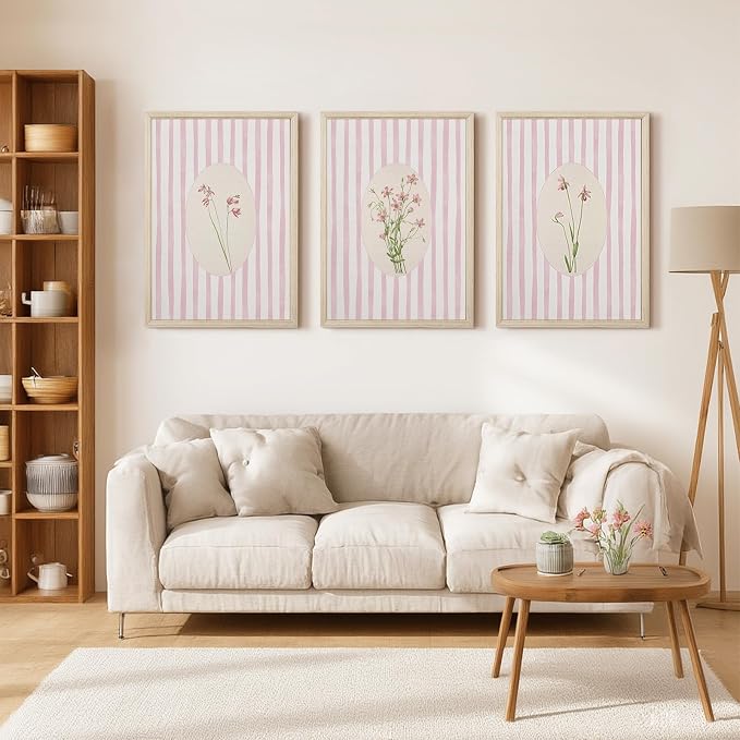 Pink Flower Wall Art Striped Floral Prints Botanical Canvas Wall Decor Aesthetic Pictures Pastel Pink Floral Poster Minimalist Flower Painting for Girl Room 12x16 Inch Framed Set of 3