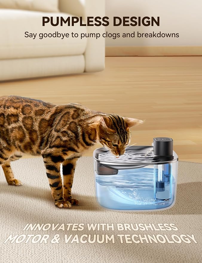 FEELNEEDY Wireless Cat Water Fountain, No Pump for Easy Cleaning, 4000mAh Detachable & Rechargeable Battery, Motion Sensor with Low Water & Power Alerts - Includes 6 Filters (4L/135oz)