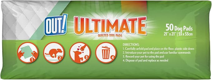 OUT! PetCare Large Dog Pee Pads, Leak Proof Training Pads, 21x21, 50 Count | Doggy Pee Pads, Leak Proof, Odor Control, Extra Absorbent, Potty Training, Housebreaking, Crate Training, Travel Use
