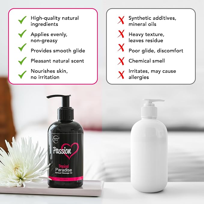 Passion Sensual Massage Oil for Date Night | 100% Natural Body Oil for Couples with Jojoba & Almond | Aromatherapy & Relaxing Massage Therapy | Valentines Day Gifts for Her | Tropical Paradise Scent