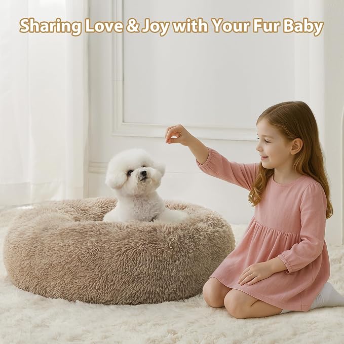 WNPETHOME Small Round Calming Dog Bed Cat Bed for Comfy Sleep | Dog Bed For Small Dog, Cute Washable Puppy Bed with Fluffy Plush, Faux Fur Anxiety Pet Bed Donut Cuddler (24x24x8in, Brown)