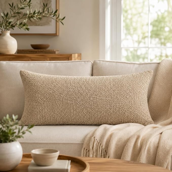 JoraLion 16x24 inch Boucle Lumbar Pillow Cover, Camel Woven Texture Neutral Long Pillow Cover Breathable Cushion Case for Couch Sofa Bed Living Room Home Decor (Cover Only)