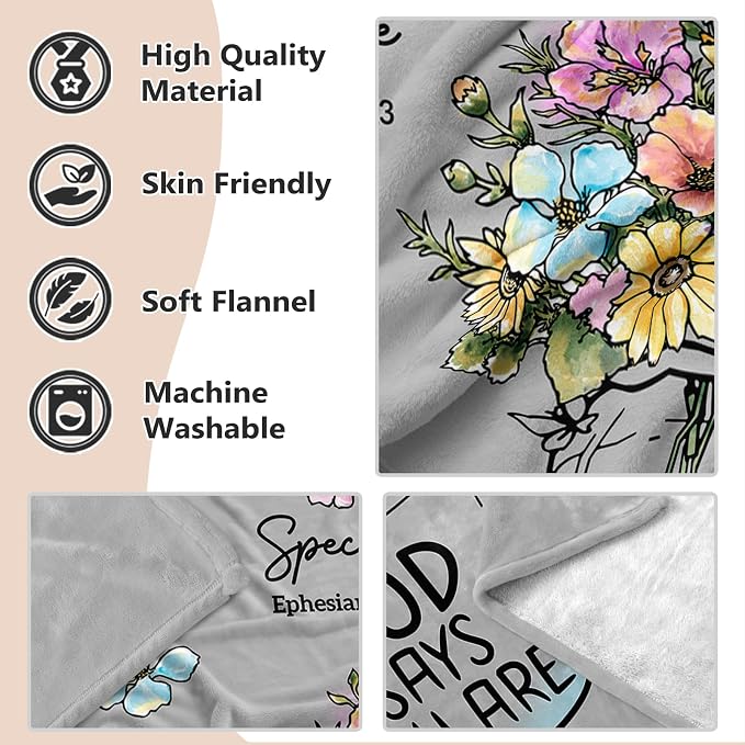 Christian Religious Gifts for Women, Grey Christian Blanket with Flowers | Birthday Gifts for Women, Spiritual Baptism Religious Gifts for Men Dad Mom Daughter Girls Boy, Soft Throw Blanket 60''x 50''