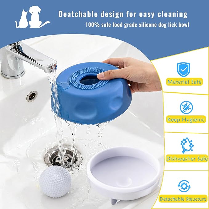 Dog Lick Bowl with Rolling Ball for Liquid Treat, Silicone Slow Feeder for Anxiety Relief & Fast Eaters, Boredom Reducer Licking Puzzle, 5/6 Cup Pup Lick Toy for Large Medium Small Pet Cats