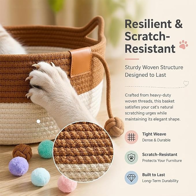 Instinct Basket for Cats,Cat Basket Bed with Cushion & Hanging Ball Toy,Handwoven Cotton Rope Cat Basket (Green,M(up to 17Lb))