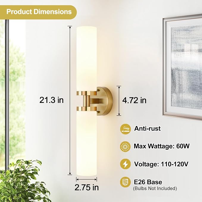 Wall Sconces Set of Two, Hardwired Brushed Gold Bathroom Sconces Wall Lighting with Milky White Glass, Modern Sconces Wall Decor Set of 2 Bathroom Light Fixtures for Mirror Living Room Hallway Bedroom