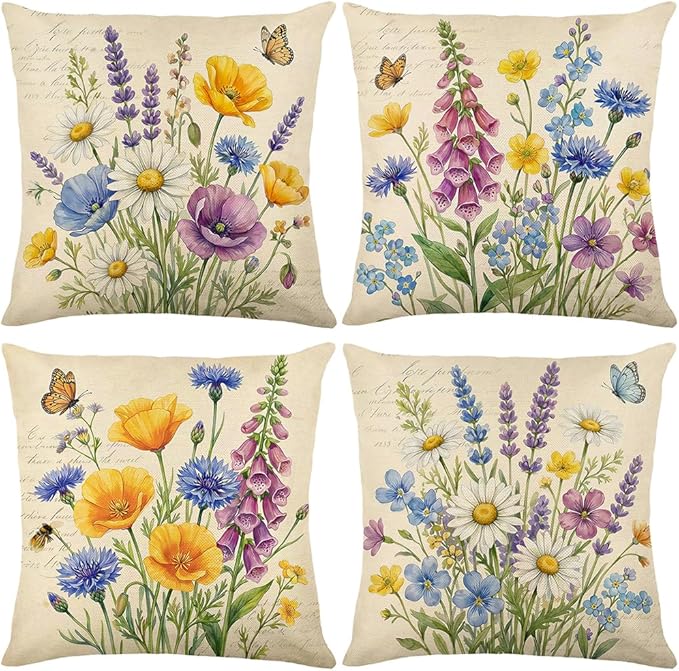 wyooxoo Throw Pillow Covers 16x16 Set of 4 Spring Pillow Covers Linen Flower Farmhouse Cushion Case for Sofa Couch Living Room Outdoor Home Decor