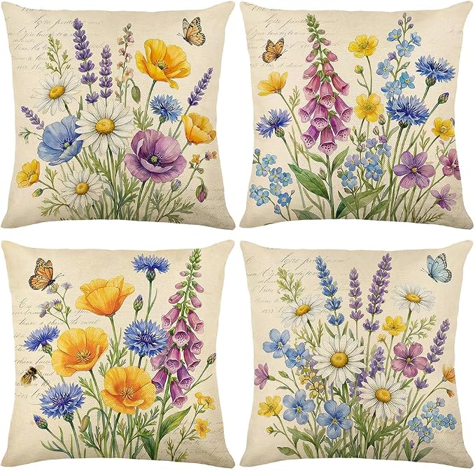 wyooxoo Throw Pillow Covers 20x20 Set of 4 Spring Pillow Covers Linen Flower Farmhouse Cushion Case for Sofa Couch Living Room Outdoor Home Decor