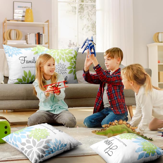 Tatuo 4 Pcs Flower Pillow Covers Square Summer Pillow Cushion Cases 18 x 18 Inch Family Faith Hope Love Words Decorative Spring Winter Cushion Case for Bed Couch Sofa Living Room(Green Series)