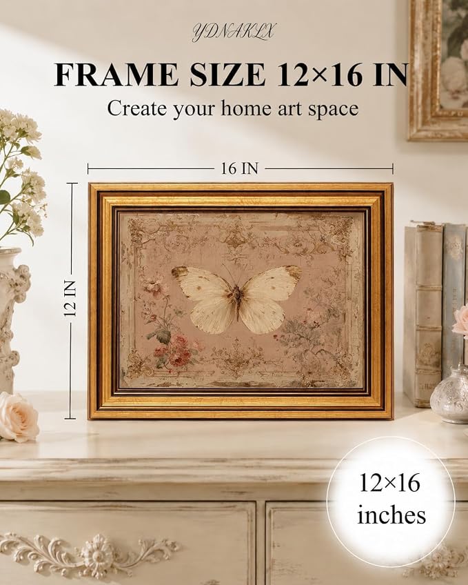 Gold Framed Wall Art, Vintage White Butterfly Canvas Prints, French Country Antique Insect Picture Wall Decor, Neutral Pink Cottagecore Artwork for Living Room Bedroom 12x16 inch