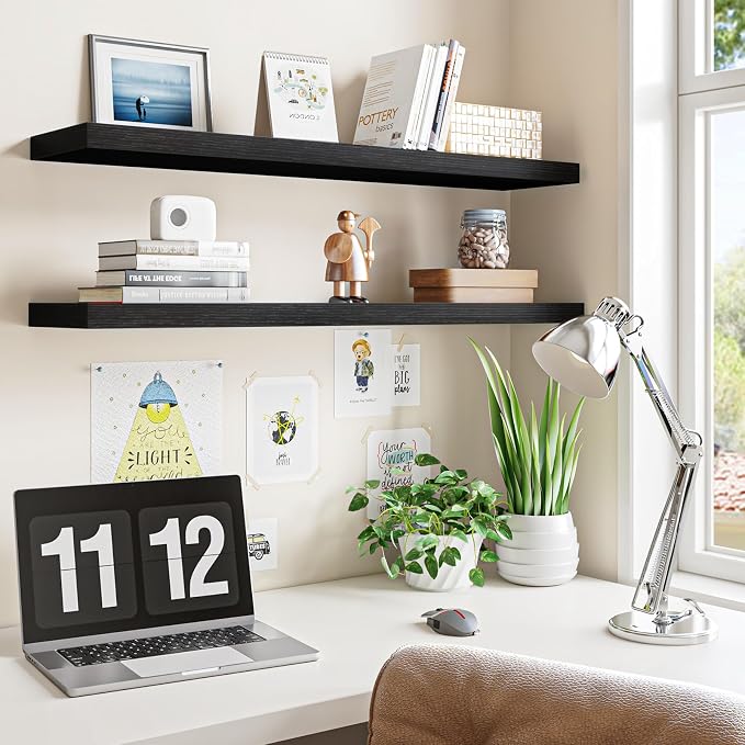 Fixwal Floating Wall Shelves for Decor (Black, Set of 2, 35.4Inch) | MDF Shelf with Metal Brackets, Space Saving for Books , Decor, Fits Bathroom, Kitchen, Bedroom, or Office