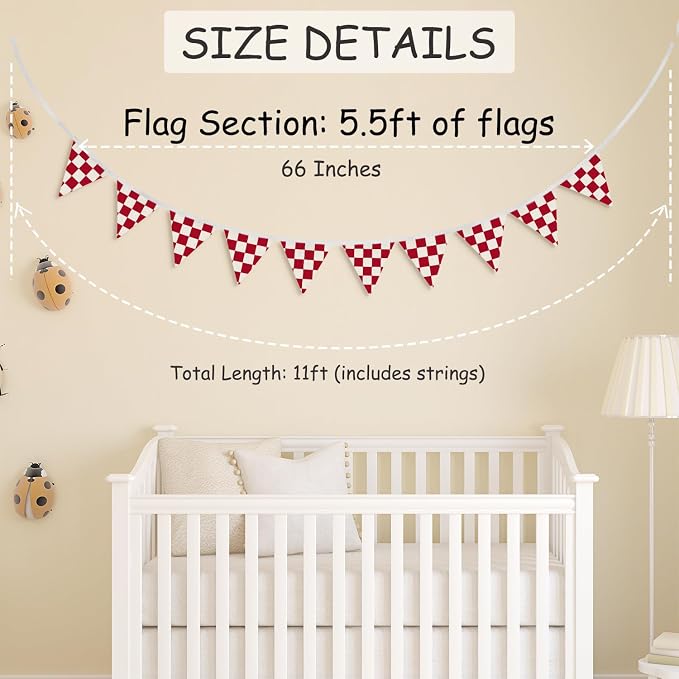 Boys Room Wall Art Decor,Cars Room Decor for Toddler Nursery Playroom, Red and White Checkered Garland Triangle Banners,Racing Flags 11Ft Bunting Flags Fabric for Baby Shower Birthday Party